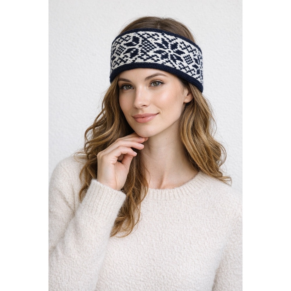 Max Hurni Eugster Trogen Vintage‎ Wool Headband Swiss Made Navy Fair Isle Ski